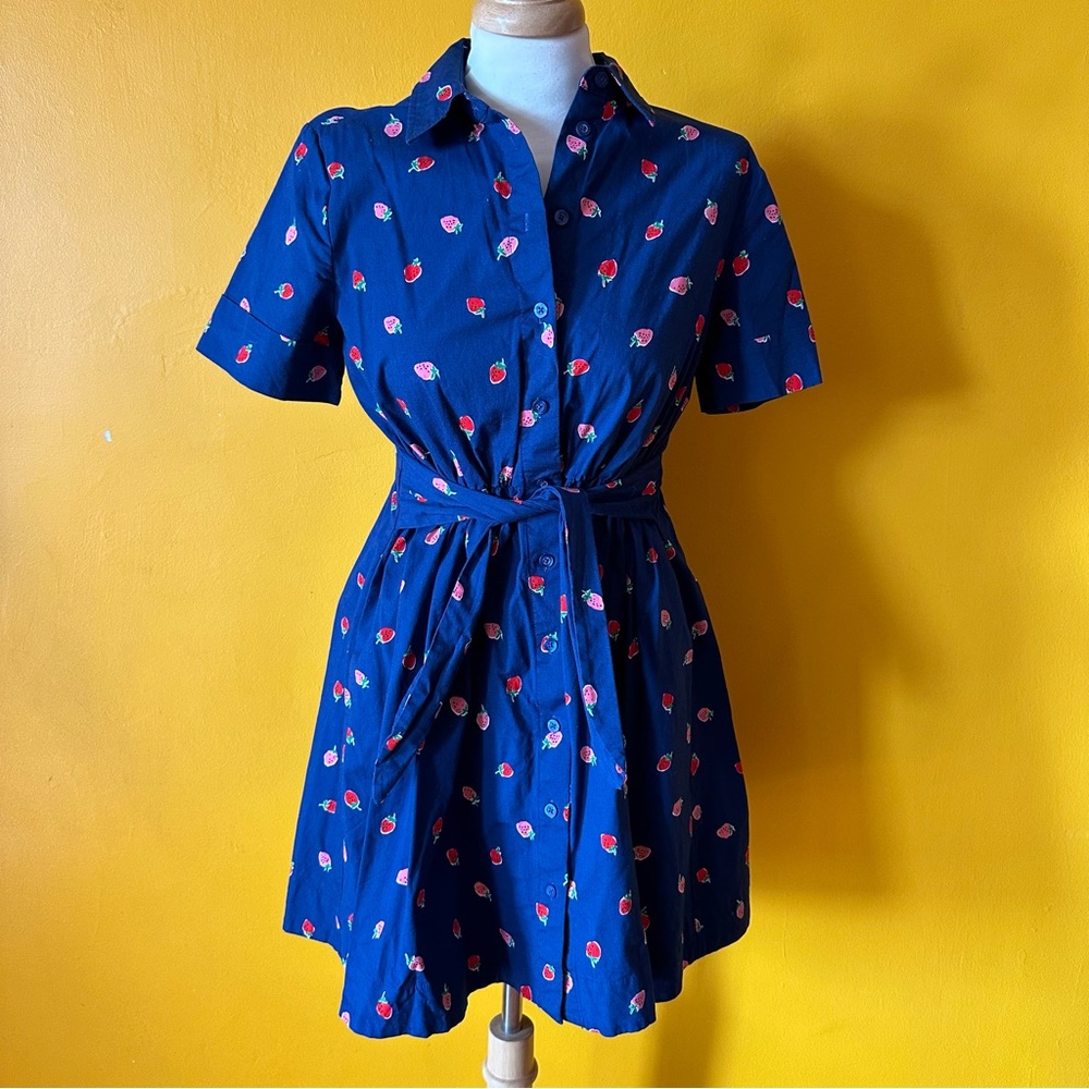 Kate Spade Navy Strawberry Print Short Sleeve Fit & Flare Dress - Small